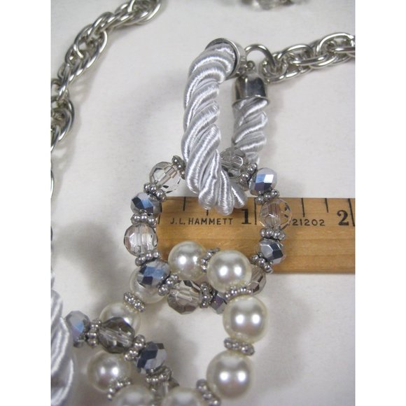 Imitation Pearl Beaded Necklace 45 inch Silvertone Heavy Chain Strand Statement - Picture 7 of 13